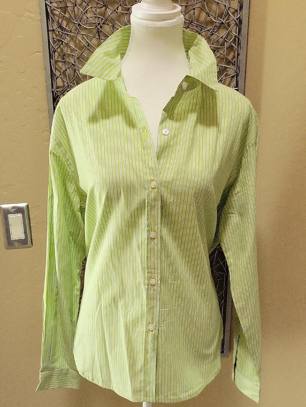 Chico's Light Green Striped Button-Up Shirt